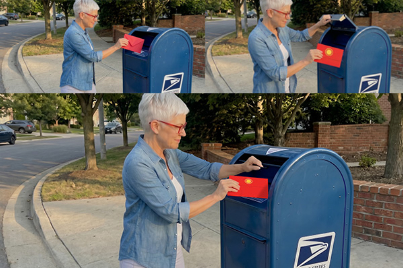 Woman putting red envelope in mailbox
